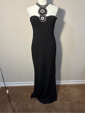 JS Boutique Strapless Black Gown with Embellished Halter Detail